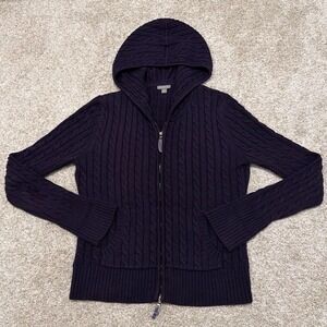 Vintage Ann Taylor Hooded Cable-Knit Zip Sweater | Dark Purple | XS